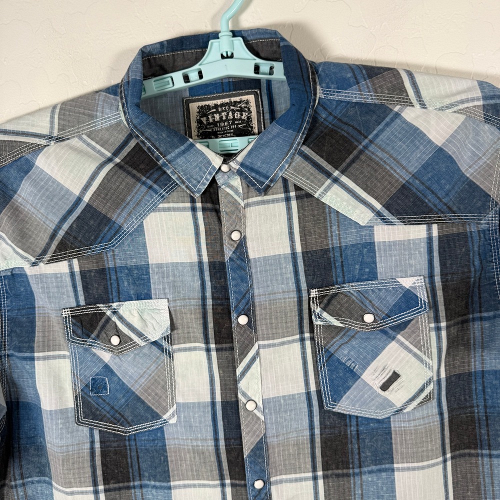BKE Shirt Mens 3XL Blue Pearl Snap Western Short Sleeve Distressed Rockabilly